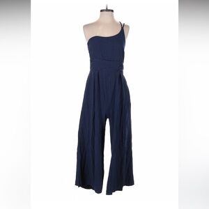 Women’s Navy Blue One Shoulder High Waist Linen Jumpsuit Romper Large